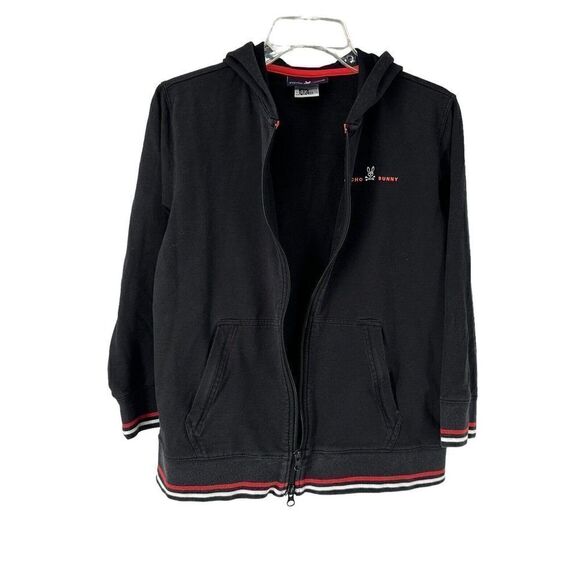 Psycho Bunny Jacket Black Hooded Full Zip Girls Size L 14/16 Pink Logo Punk Rock - Picture 3 of 9